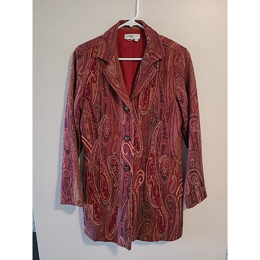 Coldwater Creek Sz S Rich Rust Red Paisley Sequins BlazerJacket 3Buttons Pockets